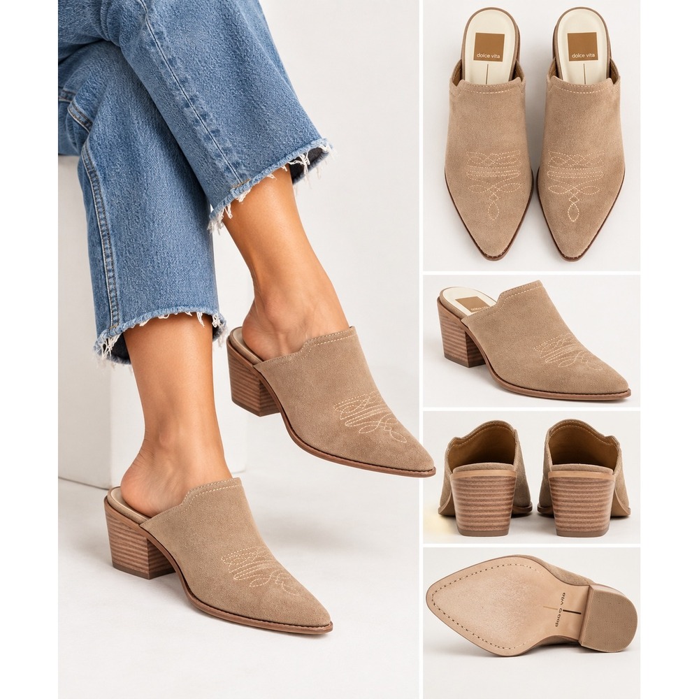 Dolce Vita Taupe Suede Western Pointed Toe Mule Heels Women's Size 10